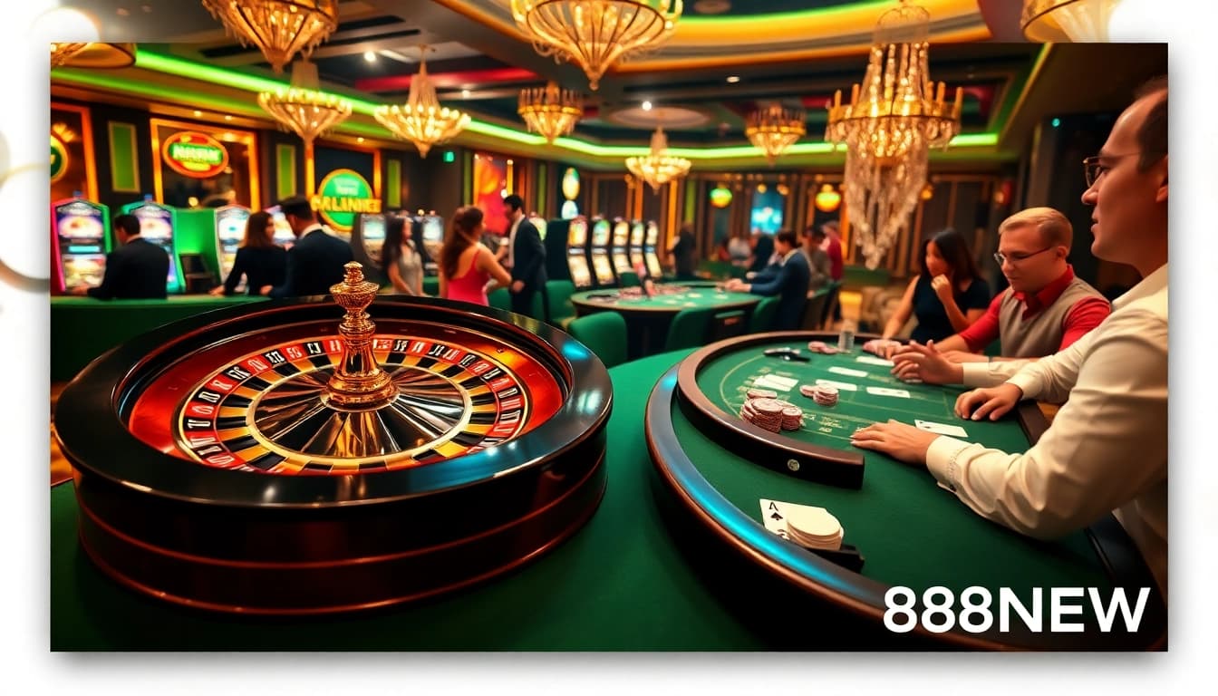Experience the excitement of gambling at 888NEW with vibrant table games and colorful chips.