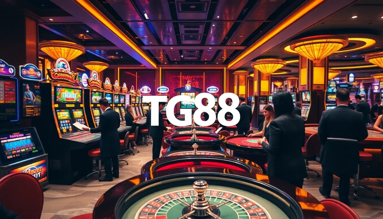 Experience TG88 gaming excitement with luxurious casino elements, vibrant slot machines and roulette tables.
