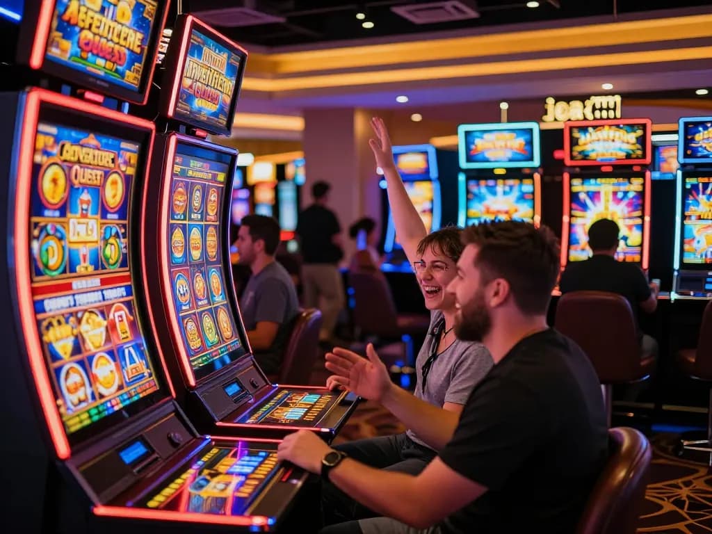 Engaging scene of players enjoying colorful slot machines at WinWin casino.