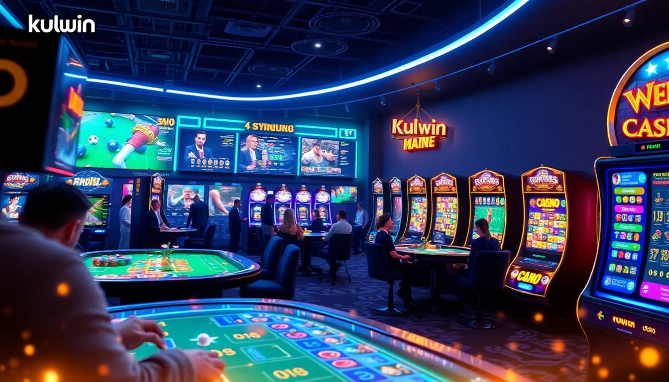 Kuwin platform showcasing vibrant online gaming with sports betting and casino visuals.