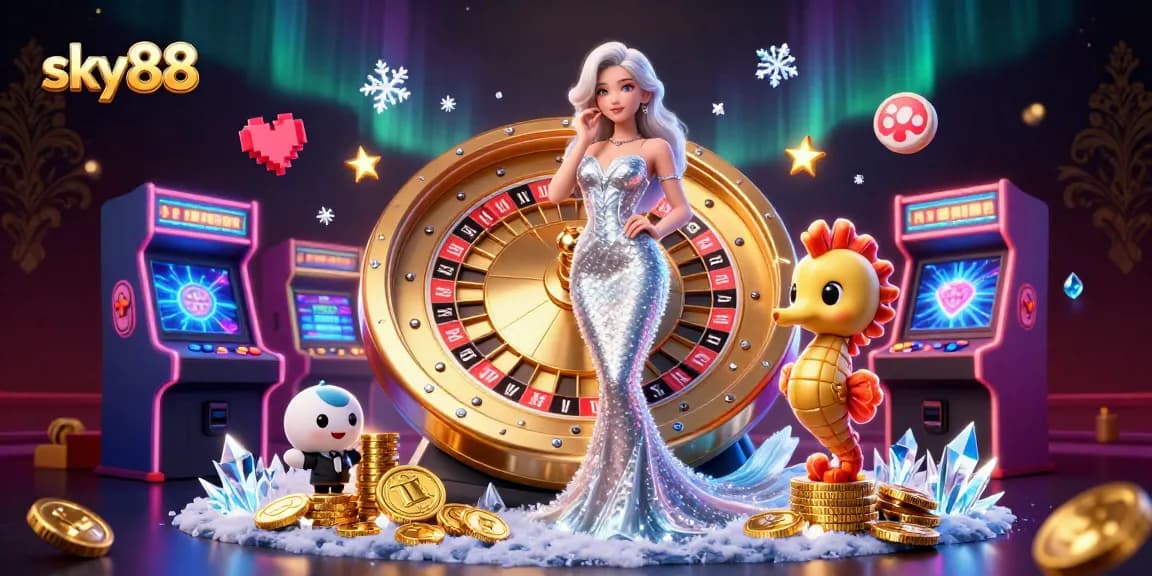 Engage with sky88 in an exciting casino scene featuring a glamorous mermaid and playful seahorse.