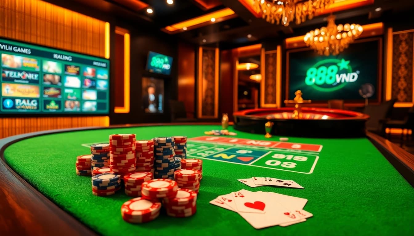 Experience thrilling gameplay at 888VND with vibrant casino visuals featuring poker chips and a roulette wheel.