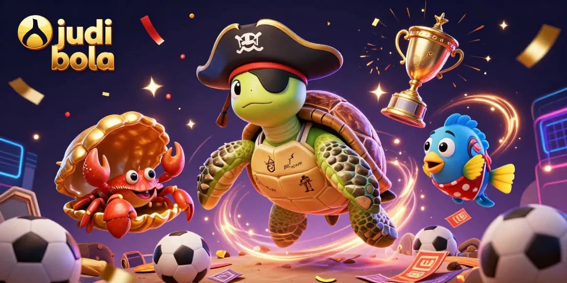 Experience judi bola excitement with a vibrant 3D illustration of a betting scene featuring a turtle, crab, and fish.