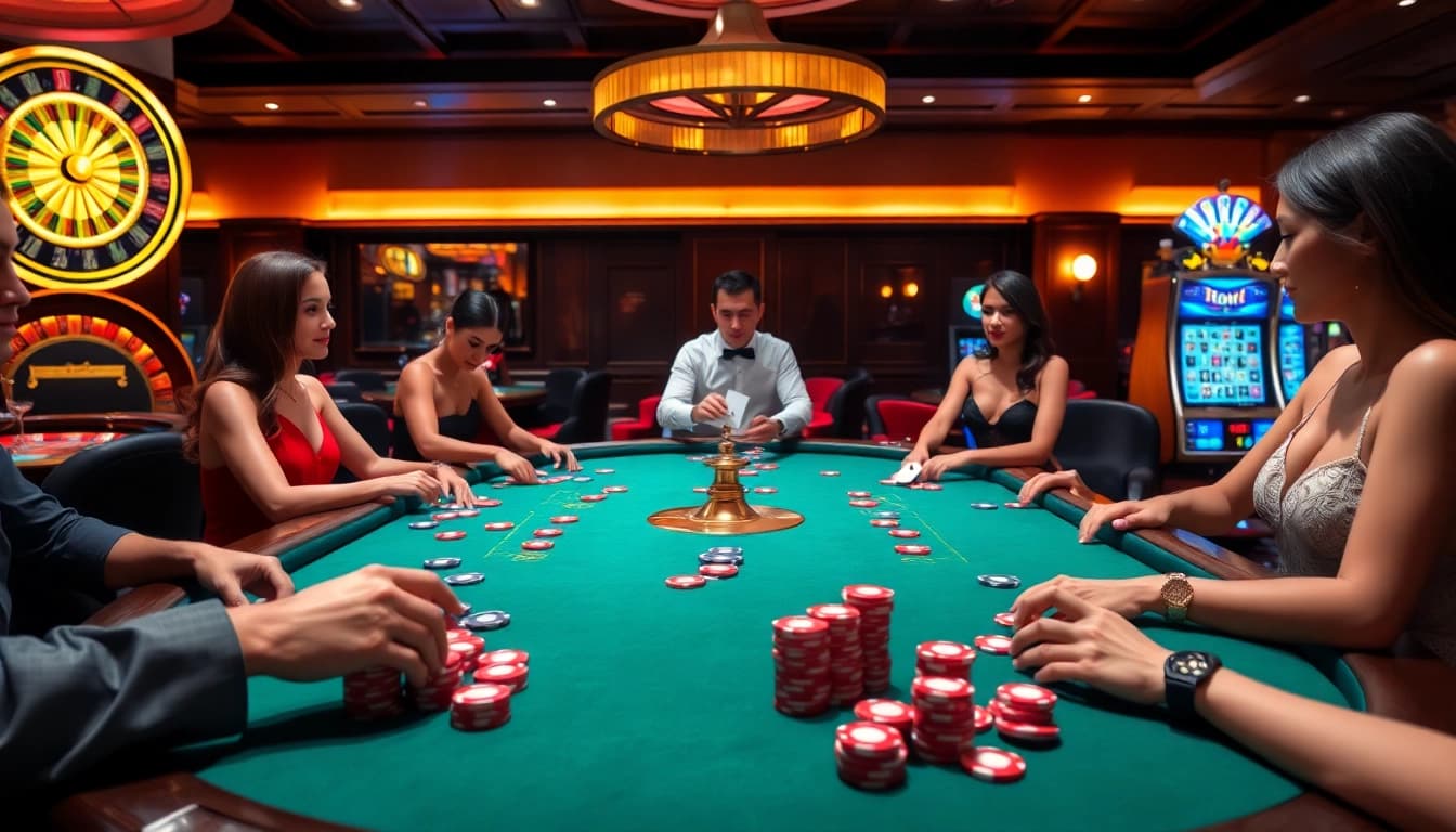Players engage in an exciting poker game at https://88ii88.com/ casino, surrounded by vibrant gaming elements.
