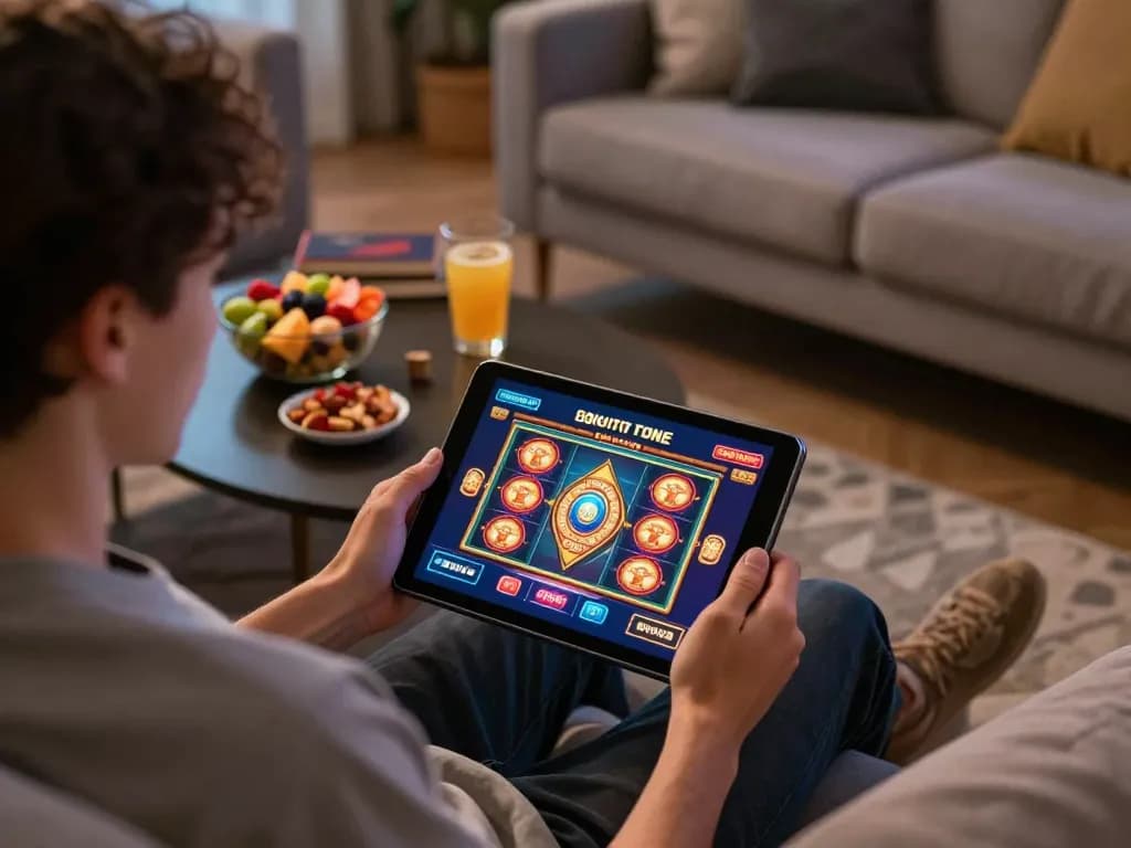 Dabet online casino gaming scene with a player engaging on a tablet for immersive entertainment.