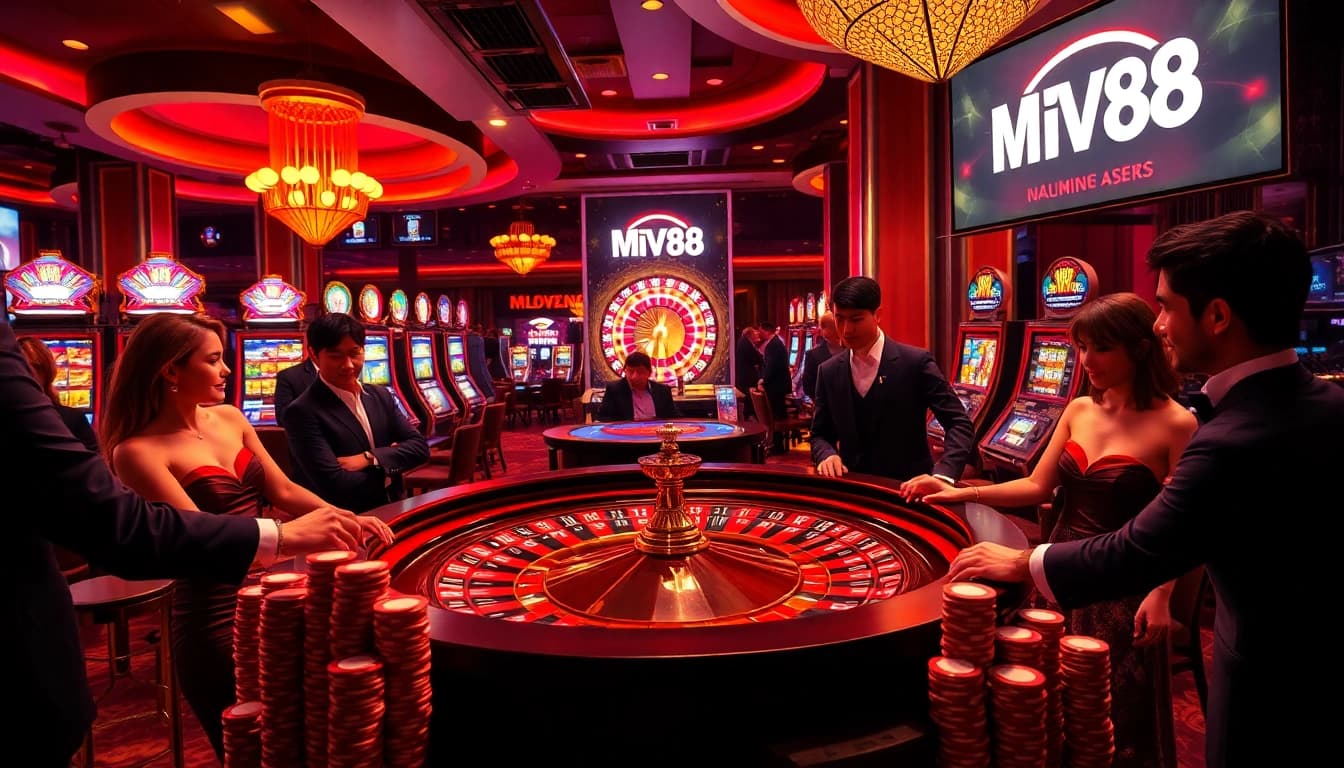 Exciting MV88 gambling scene with roulette wheel and elegant players.