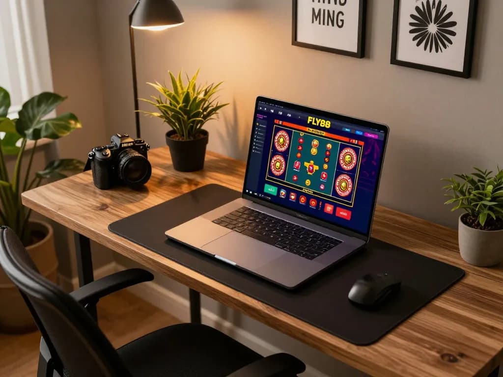 Engaging moment of online gaming at FLY88 with laptop showcasing vibrant game interface.