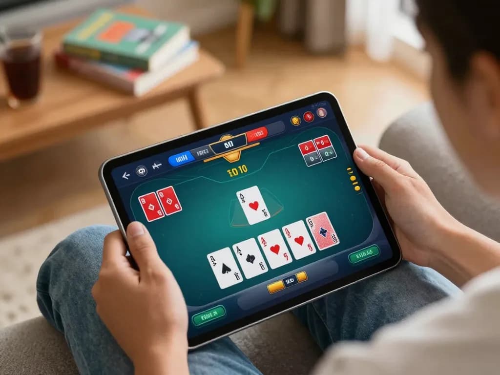 Player engaging with open88 com online poker game on a tablet in a cozy living room atmosphere.