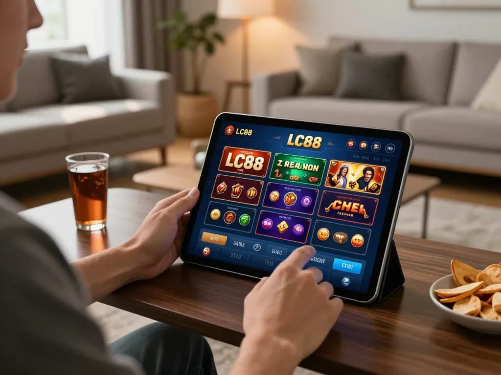 Engaging online gambling session on the LC88 app featuring a tablet display in a cozy setting.
