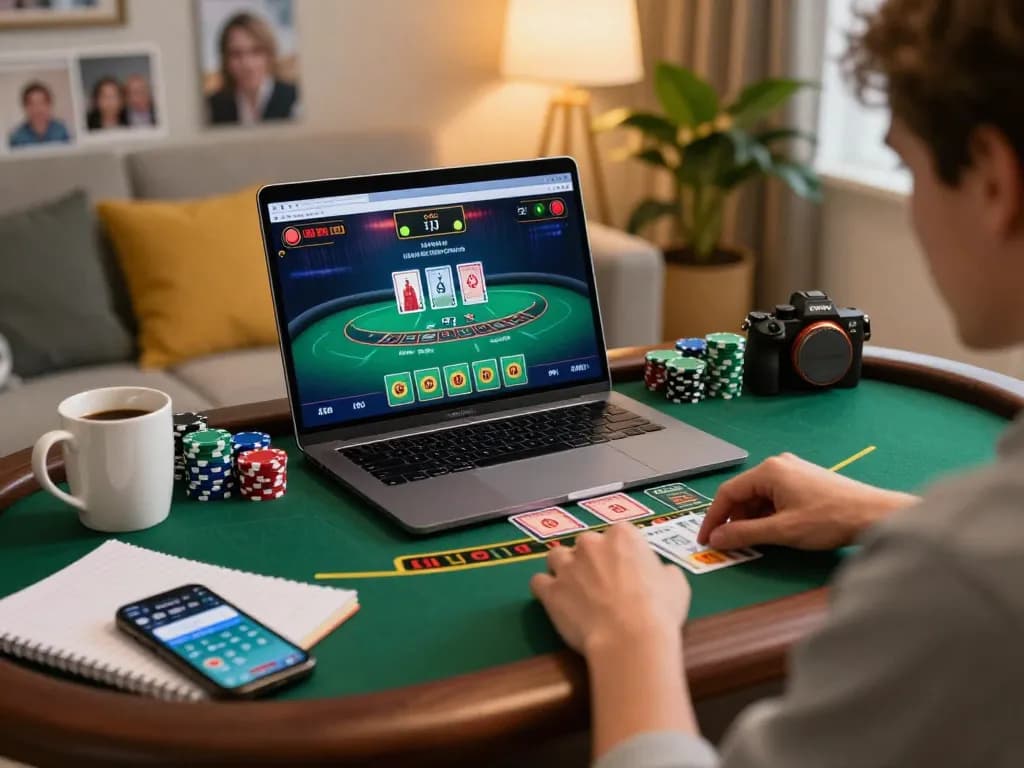 Engaged player at home enjoying a live dealer game on MB66, showcasing online gambling excitement.