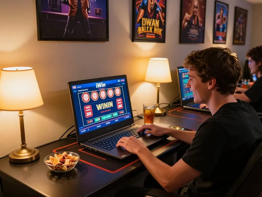 Player enjoying an iWin gaming session at home, with engaging visuals and snacks nearby.