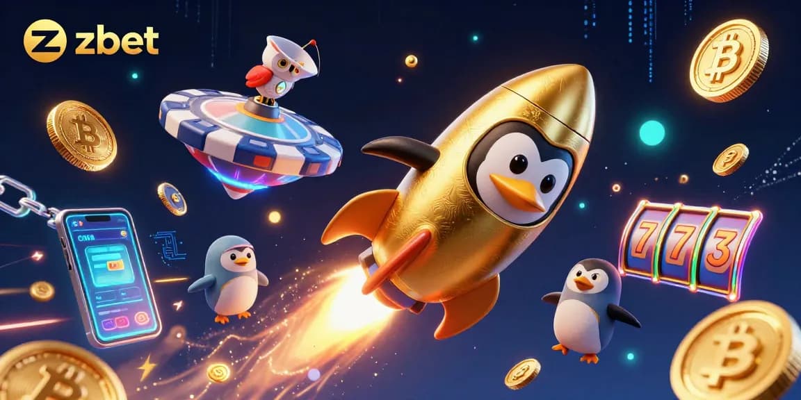 Bet on zbet with excitement as a golden penguin launches through a casino-themed universe.
