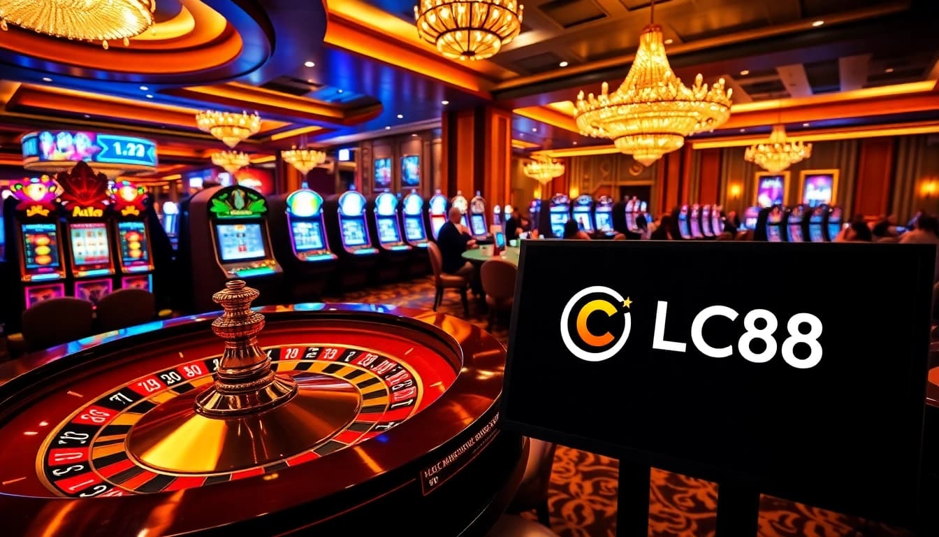 Exciting scene of players engaging in games at LC88 casino, showcasing vibrant gaming elements.