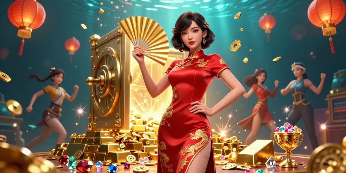 Engage with LC88's vibrant casino atmosphere, featuring stunning Asian woman in qipao amidst treasures.