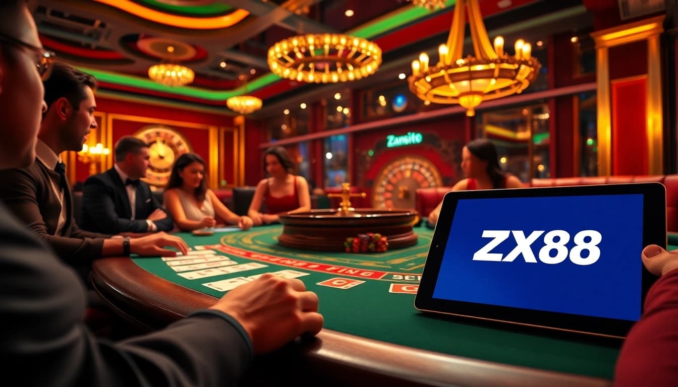 Experience excitement at the casino with ZX88, featuring luxurious gaming tables and vibrant action.