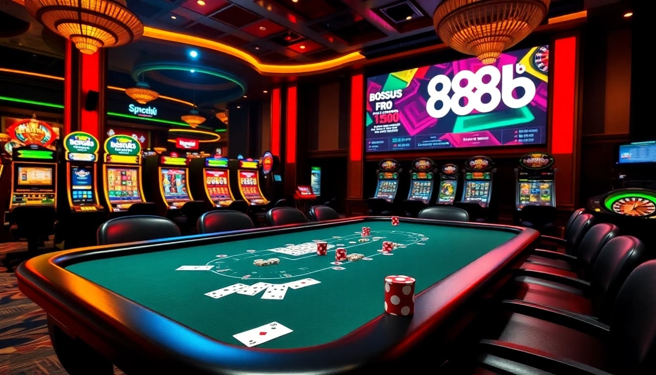 Experience high-stakes gaming at 888b with vibrant casino visuals showcasing poker and slot machines.