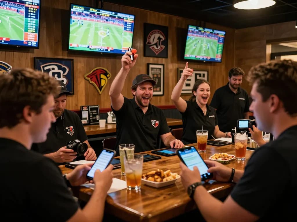 Bsport patrons engaging in sports betting at a lively sports bar, smartphones and screens glowing with live odds.