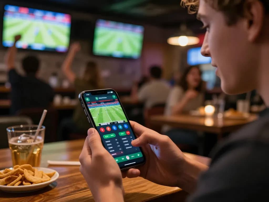 Bsport user placing a bet on a mobile app during a thrilling game in a lively sports bar.