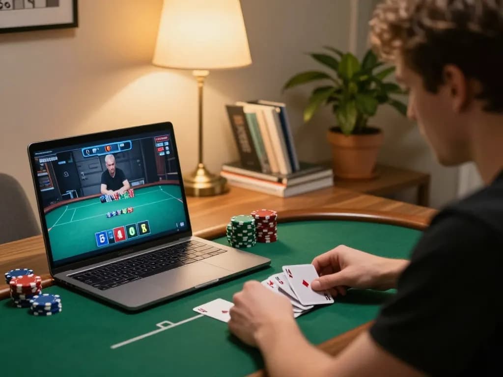 BET88 player engaged in an online poker game, focused on strategic gameplay in a cozy home environment.