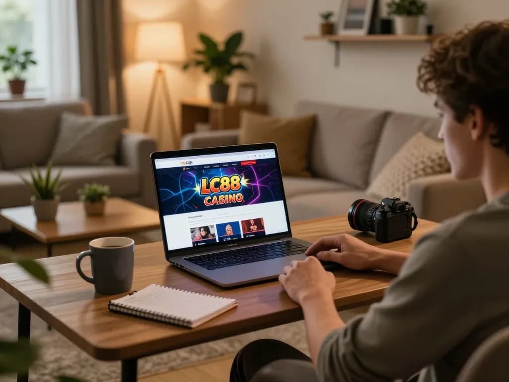 Player enjoying online casino games at home on LC88 platform with warm atmosphere