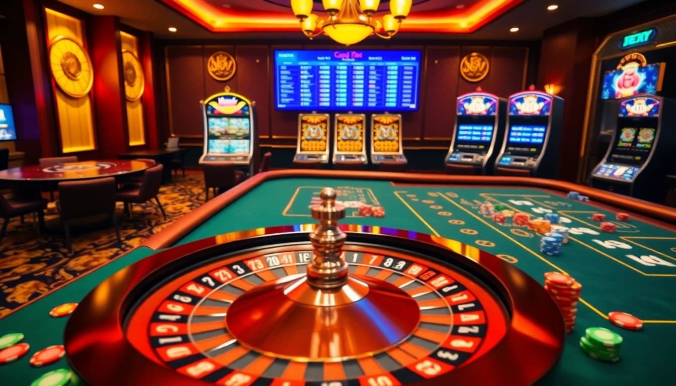 A vibrant casino scene featuring games and betting options from https://xx88.host, showcasing roulette and poker excitement.