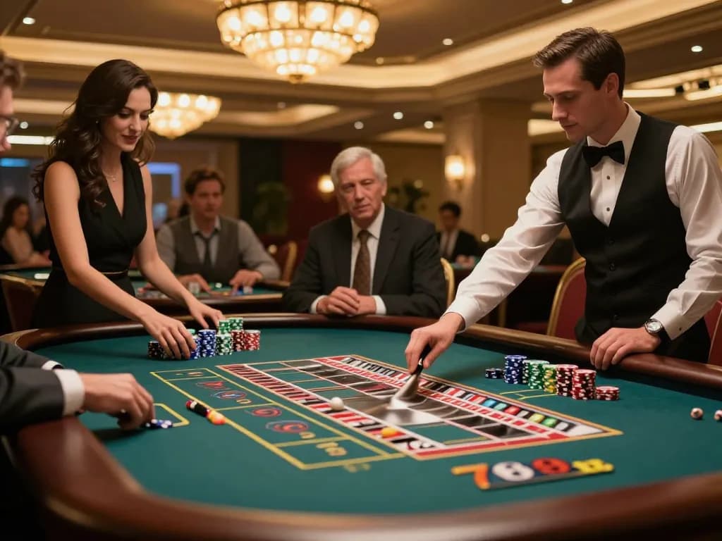 Players at 789club roulette table placing bets as the wheel spins in a vibrant casino atmosphere.
