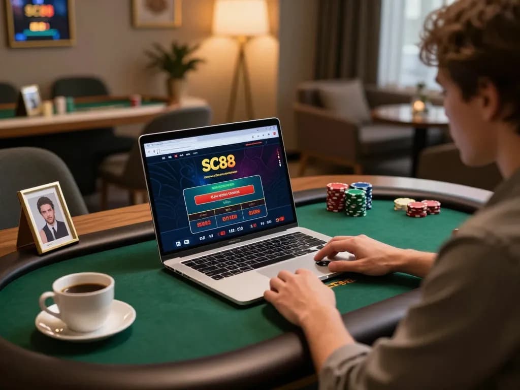 Player engaging in a virtual poker game on SC88 platform at stylish home office.