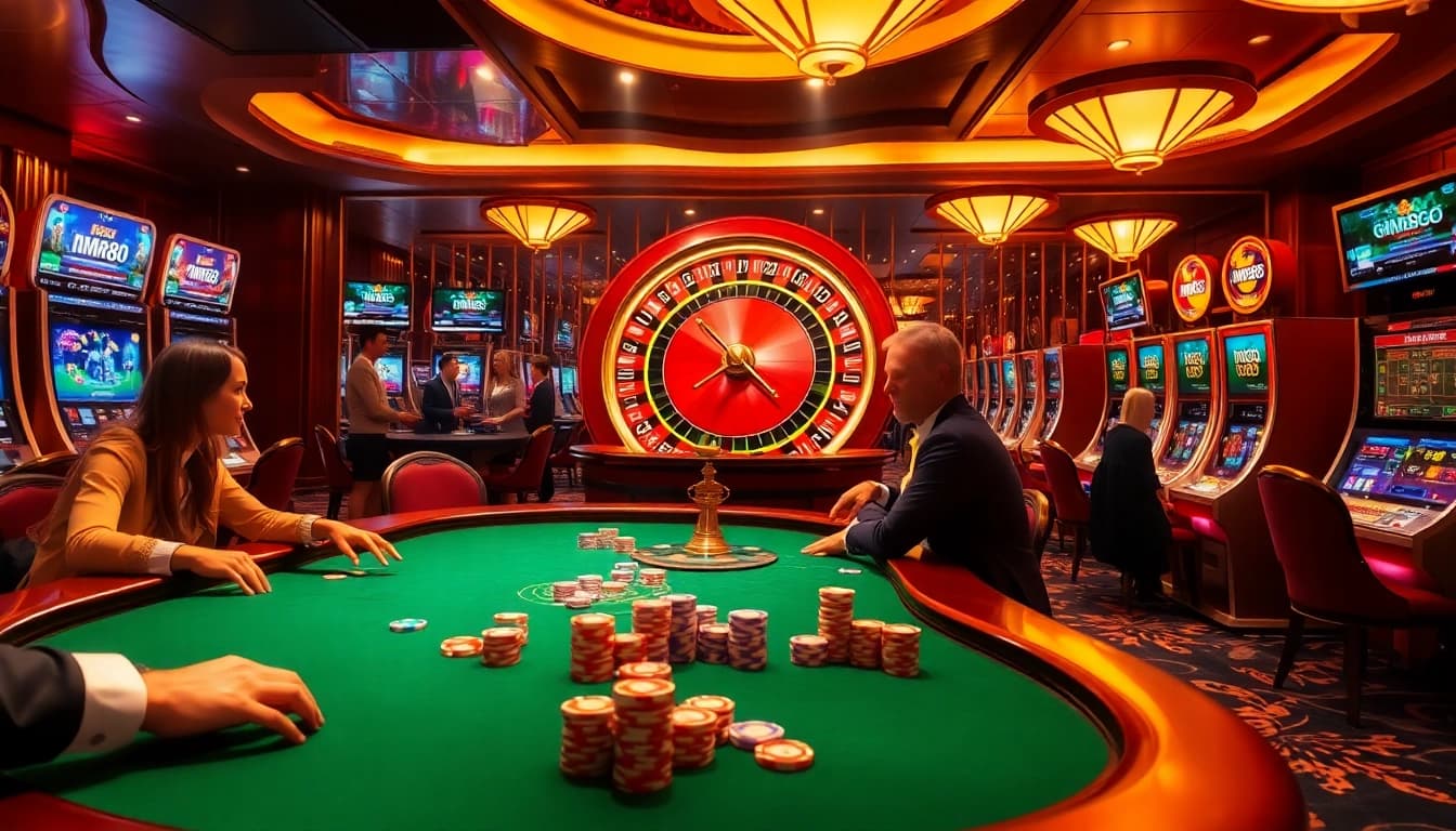 Players enjoying a thrilling poker game at MM88 casino with vibrant chips and roulette.