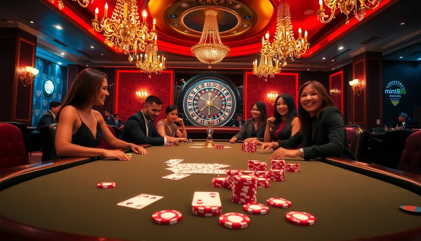 Experience the excitement of mint88 casino with vibrant poker chips and roulette wheel in a luxurious setting.