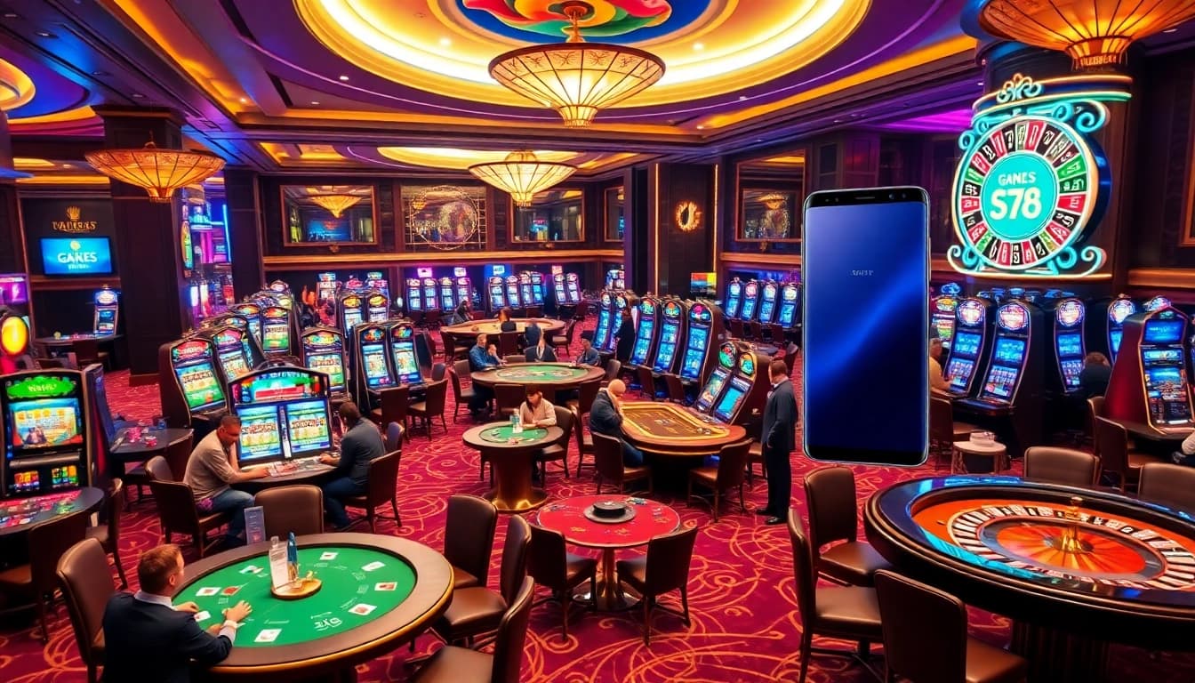 S8 gaming experience showcasing vibrant casino atmosphere with tables, slot machines, and Samsung Galaxy S8