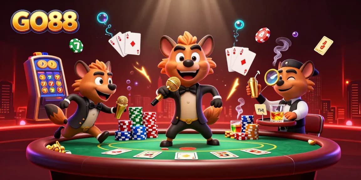 Hyenas perform at GO88 casino, showcasing comedy and drinks in a lively gaming atmosphere.