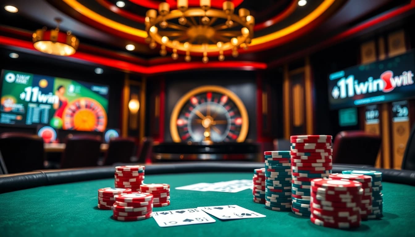11win brand poker table with vibrant chips and cards signifies thrilling casino gameplay.