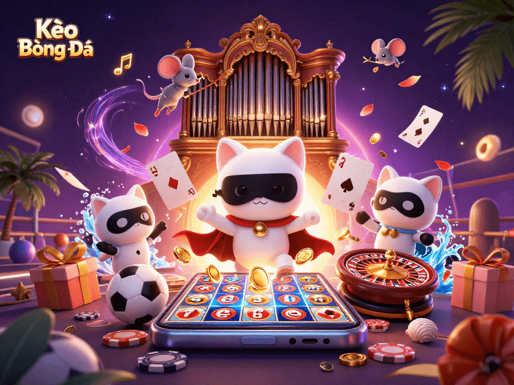 Kèo Bóng Đá showcases a dynamic casino scene, with sports elements, vibrant casino ambiance, and engaging characters.