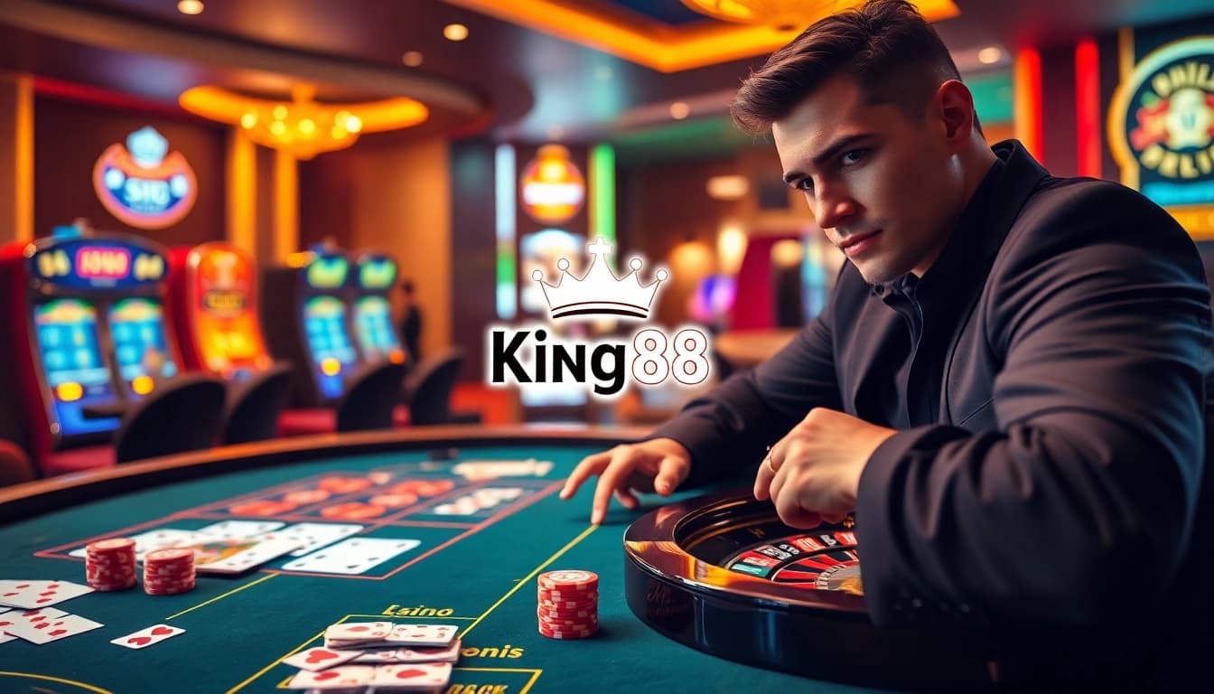 Engaging gameplay at King88's luxurious casino with vibrant cards and chips.