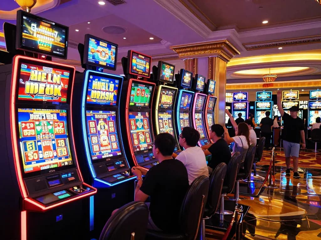 Players enjoying lively gameplay at Ok9 casino slot machines, immersive atmosphere with bright neon lights and excitement.