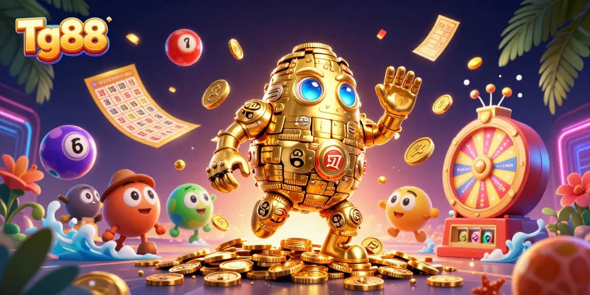 Experience the thrill of Tg88 as the golden golem spins with lottery balls, prizes, and vibrant casino elements.