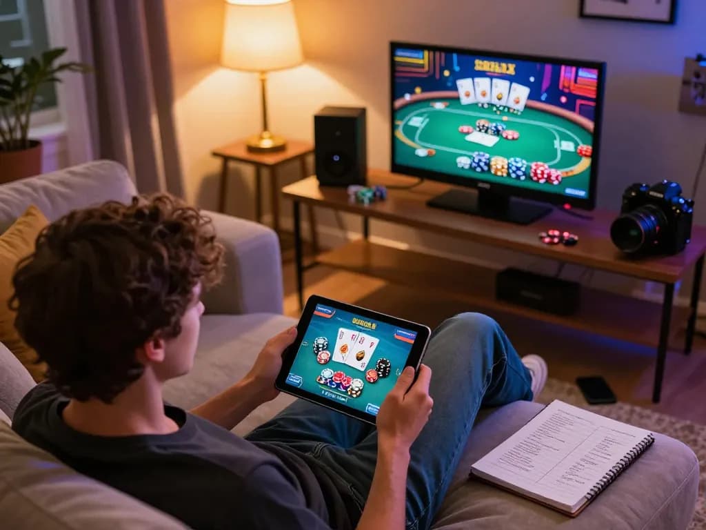 Player engaging in a poker game using a tablet, emphasizing login and registration for online slots
