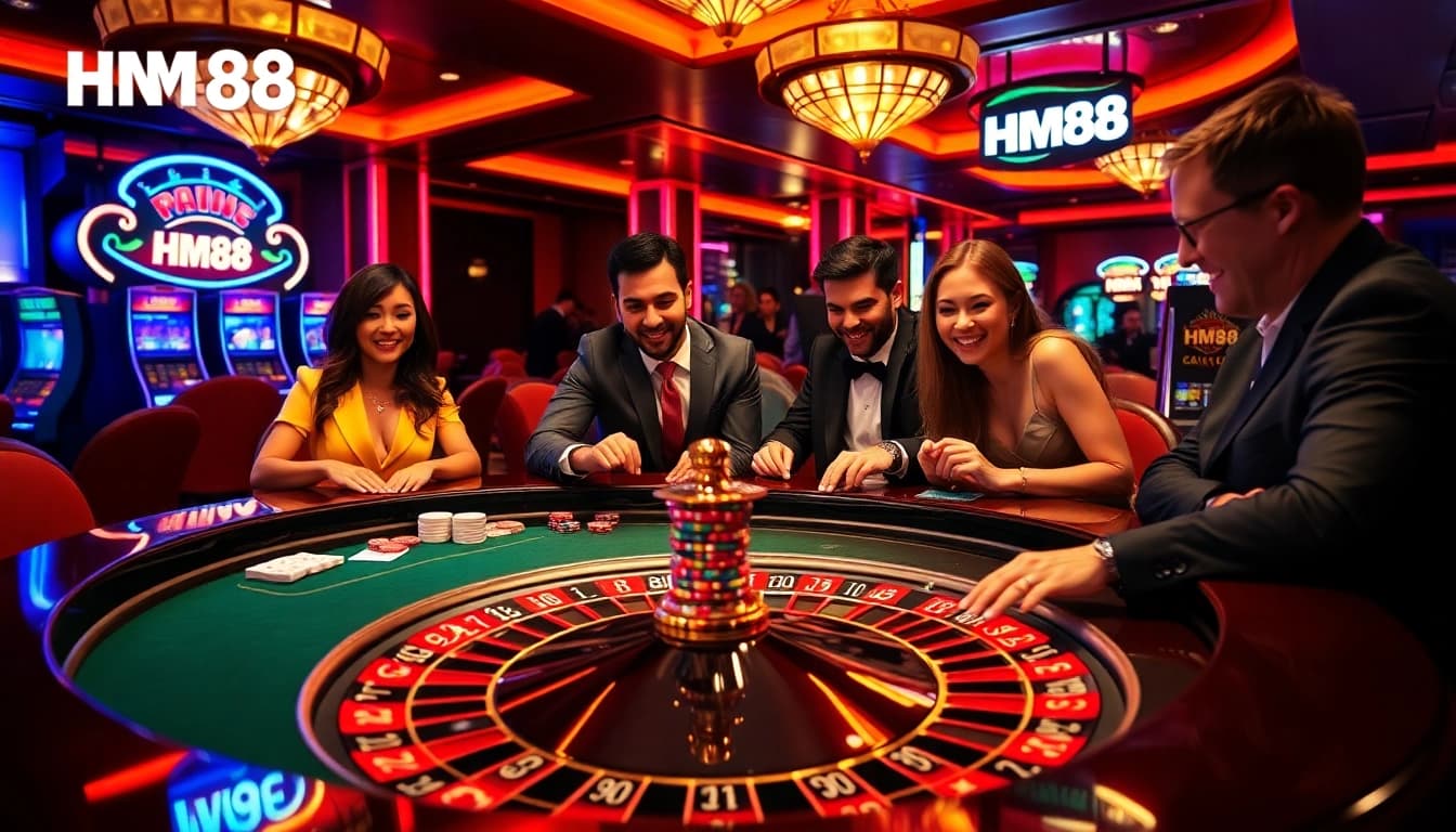 Experience the thrill of HM88 casino gaming with poker chips and a roulette table.