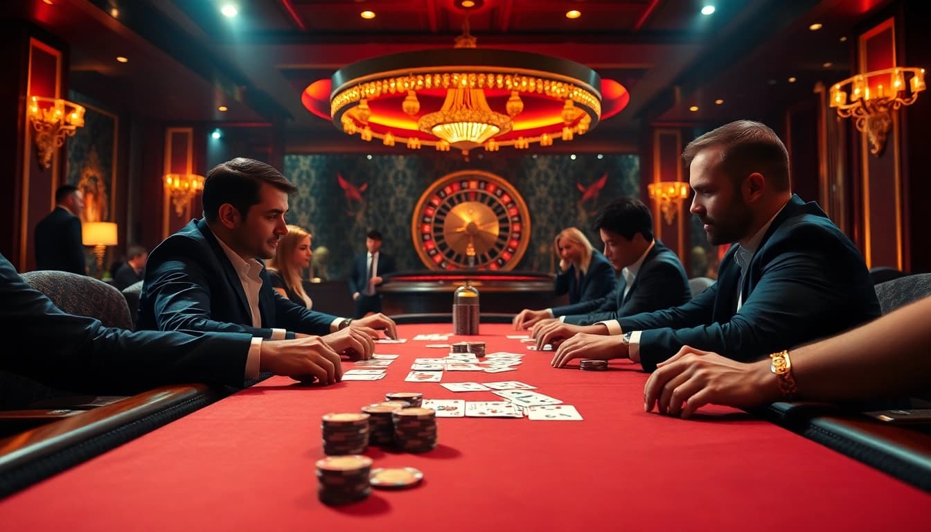 Players engage in high-stakes poker at a 69vn casino table, emphasizing thrill and strategy.