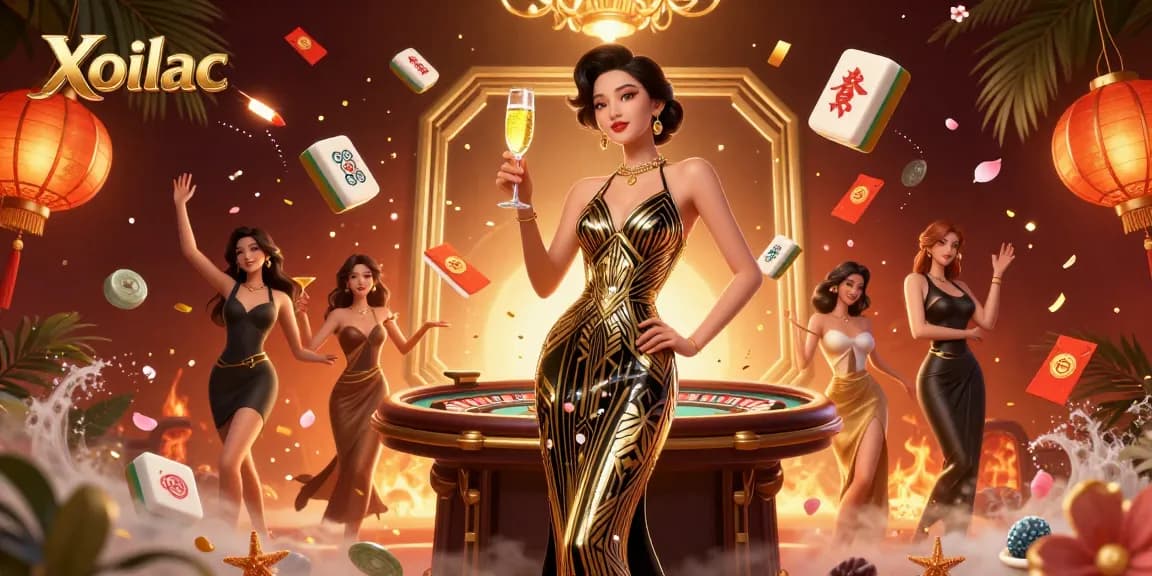 Xoilac showcases an elegant Asian woman celebrating casino wins with glamour and golden game elements.