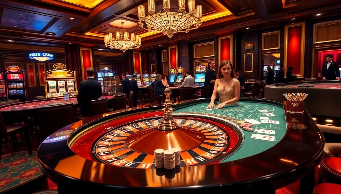 Experience the thrill of high-stakes gambling at https://n188.bid/ with a luxurious casino setting featuring roulette and poker.