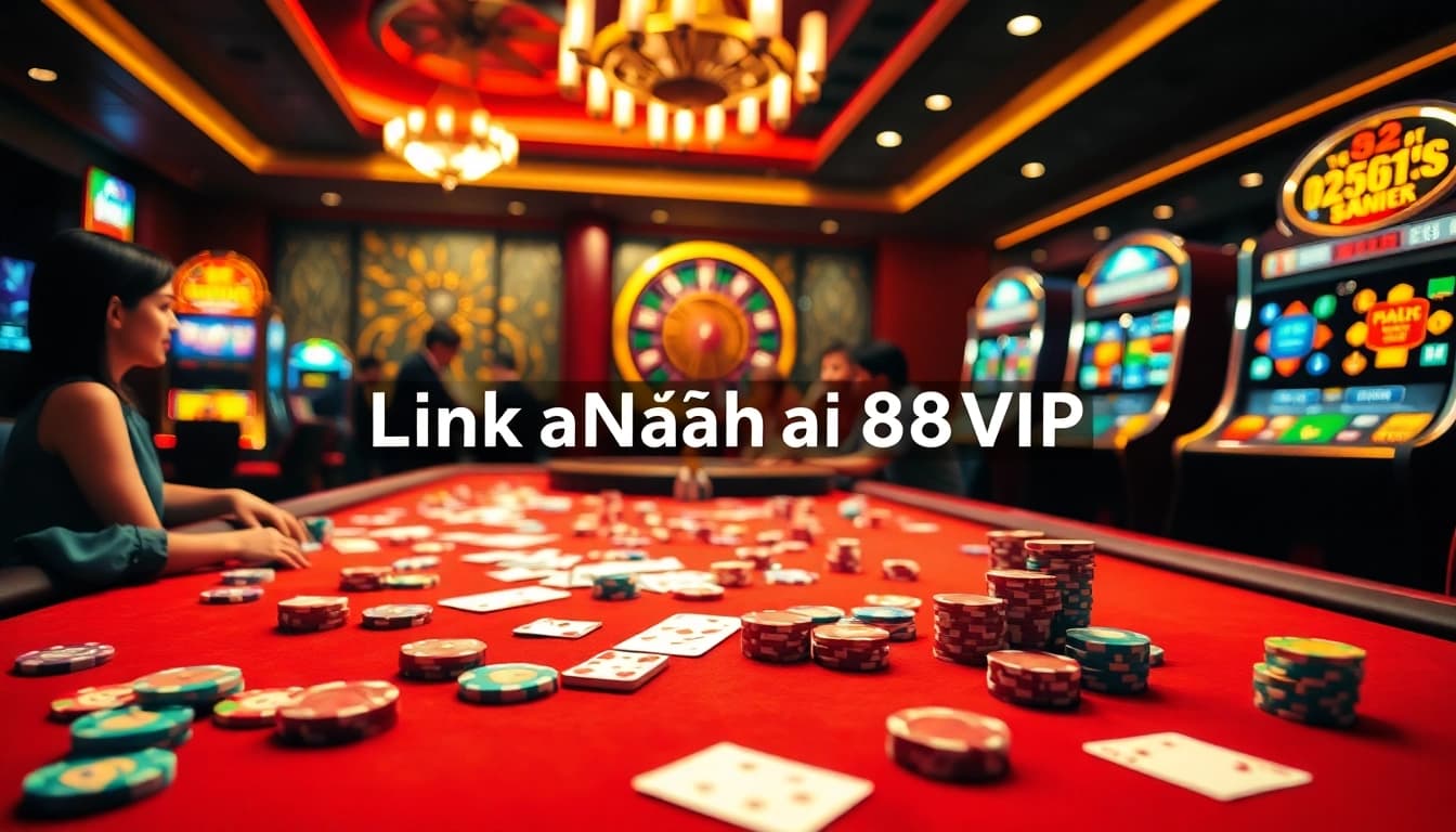 Exciting scene of players engaging with Link Vào Nhà Cái 68VIP at a luxurious casino table filled with vibrant poker chips and cards.