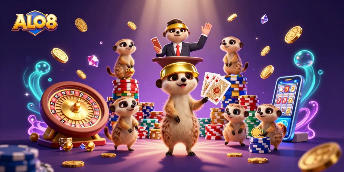 Win big with ALO8 in a vibrant casino scene featuring meerkats managing games and enjoying fun.