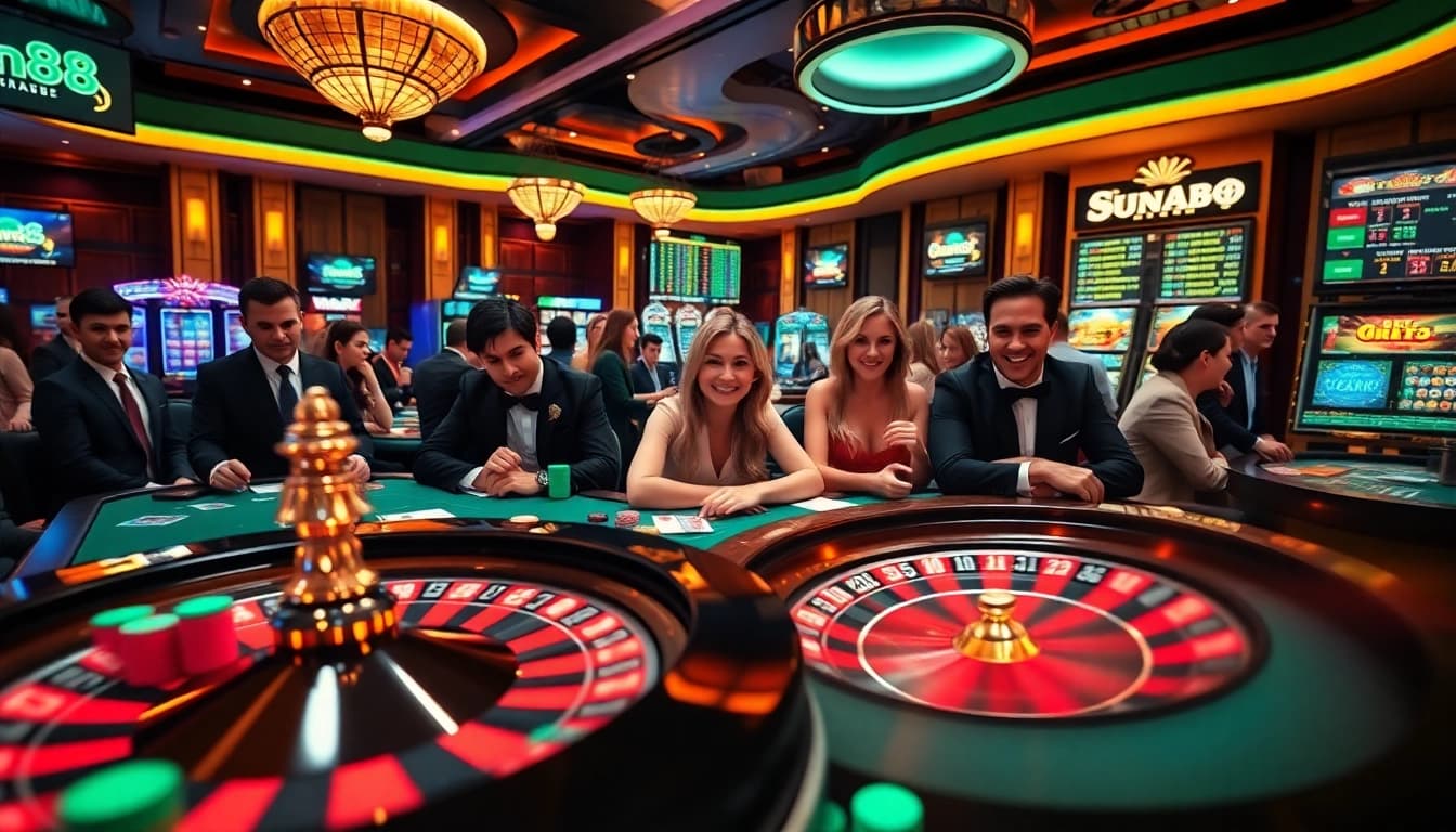 Experience the excitement of gambling at Jun88 with vibrant tables, poker chips, and a roulette wheel.