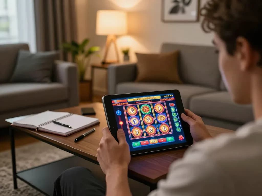33win player engaging in online slot machine gaming on tablet at home, showcasing comfortable atmosphere and strategic planning