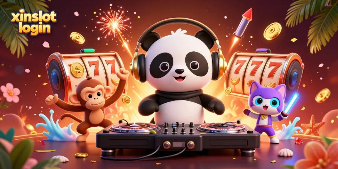 Spin with excitement at xinslot login, featuring a DJ panda and festive symbols in a lively casino scene.