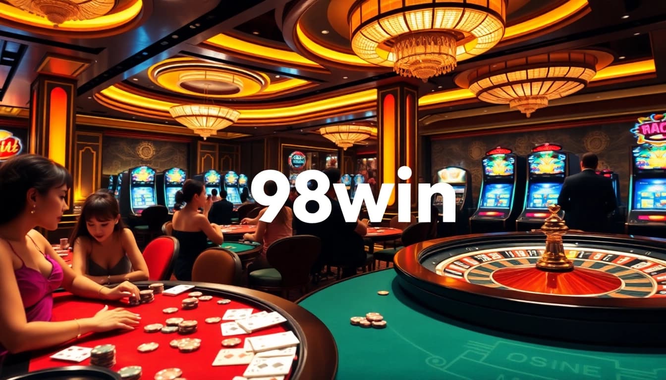 Players engaging in high-stakes games at 98win casino, showcasing excitement and luxury.