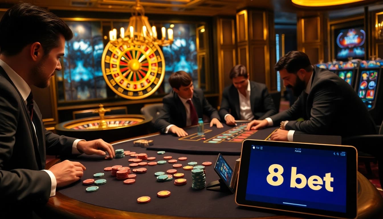 A thrilling poker game at a luxurious casino featuring 8kbet branding, with professional players and vibrant chips.