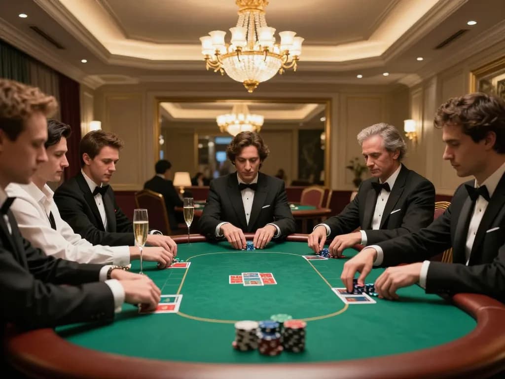 mm88 VIP poker game in a luxurious setting with players analyzing hands and champagne, capturing the essence of high-stakes gambling.
