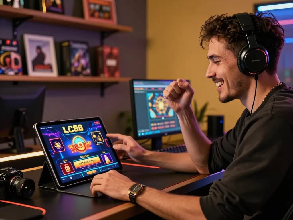 Celebrate a winning moment with LC88 gaming app on a stylish desk in an inviting atmosphere